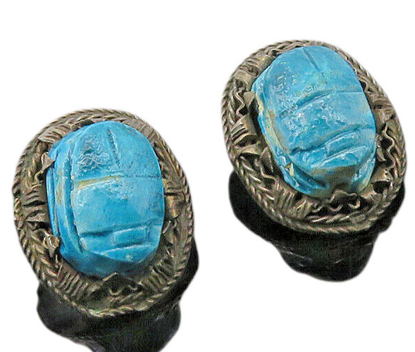 MIDDLE EAST 925 Silver  Vintage Turquoise Scarab Non Pierce Earrings  EG10791
