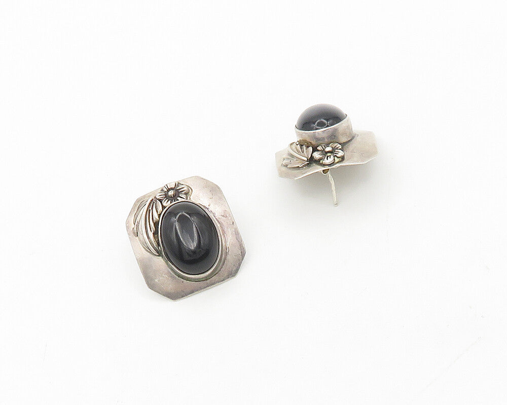 CAROL FELLEY 925 Silver  Vintage Black Onyx Floral Motif Drop Earrings  EG9220