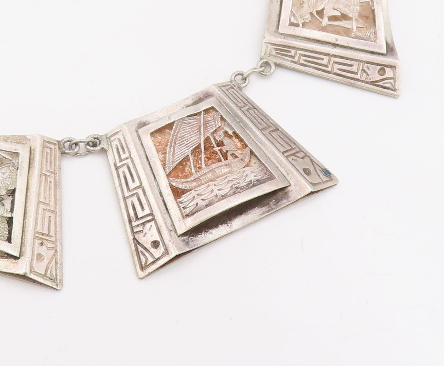 925 Sterling Silver Vintage Necklace Carved Storyteller Panel Choker   NE4684