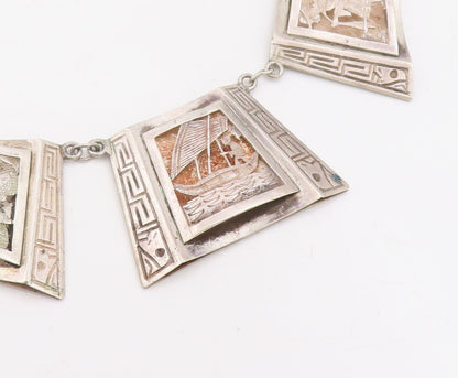 925 Sterling Silver Vintage Necklace Carved Storyteller Panel Choker   NE4684