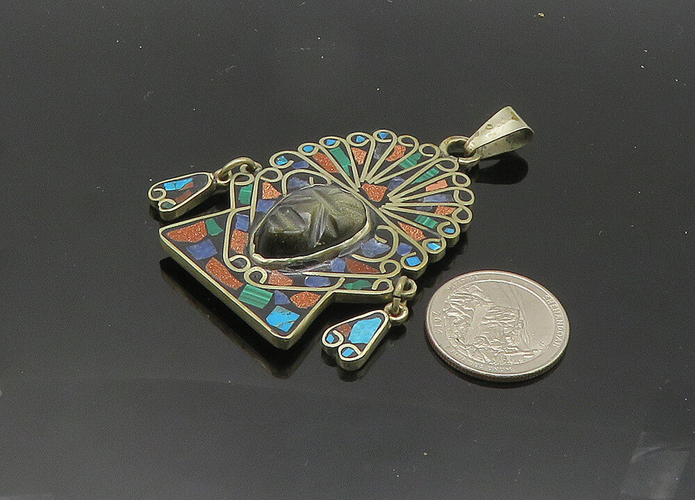 MEXICO 925 Silver Vintage Face Carved Obsidian & Multi Stone Pendant PT16768