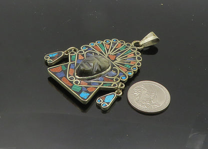 MEXICO 925 Silver Vintage Face Carved Obsidian & Multi Stone Pendant PT16768