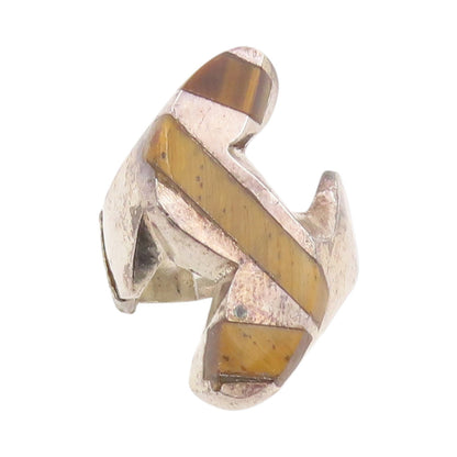 925 Sterling Silver Vintage Ring Solid Cutout Tiger's Eye Inlay  Sz 9  RG33280