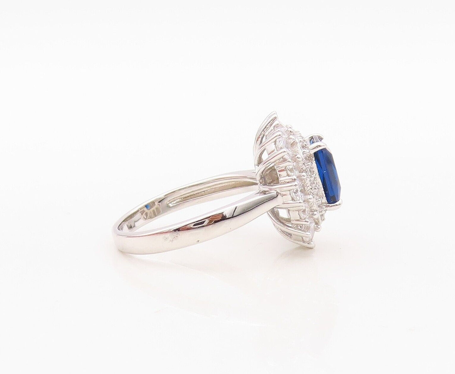 925 Sterling Silver Vintage Ring Rectangle Cut Sapphire Halo CZ  Sz 7  RG29986