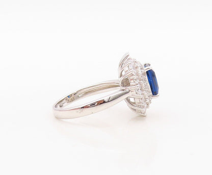 925 Sterling Silver Vintage Ring Rectangle Cut Sapphire Halo CZ  Sz 7  RG29986