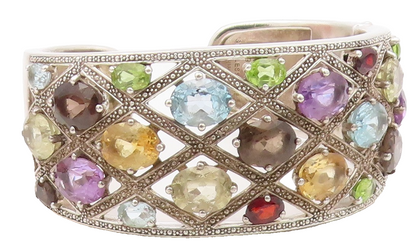 925 Sterling Silver Vintage Bracelet MICHELLE ALBALA Multi Gemstone Cuff BT11990