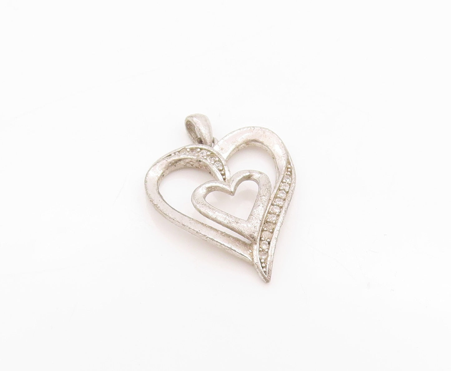 925 Sterling Silver Vintage Pendant Topaz Inlay Double Hearts  PT24412
