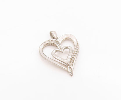 925 Sterling Silver Vintage Pendant Topaz Inlay Double Hearts  PT24412