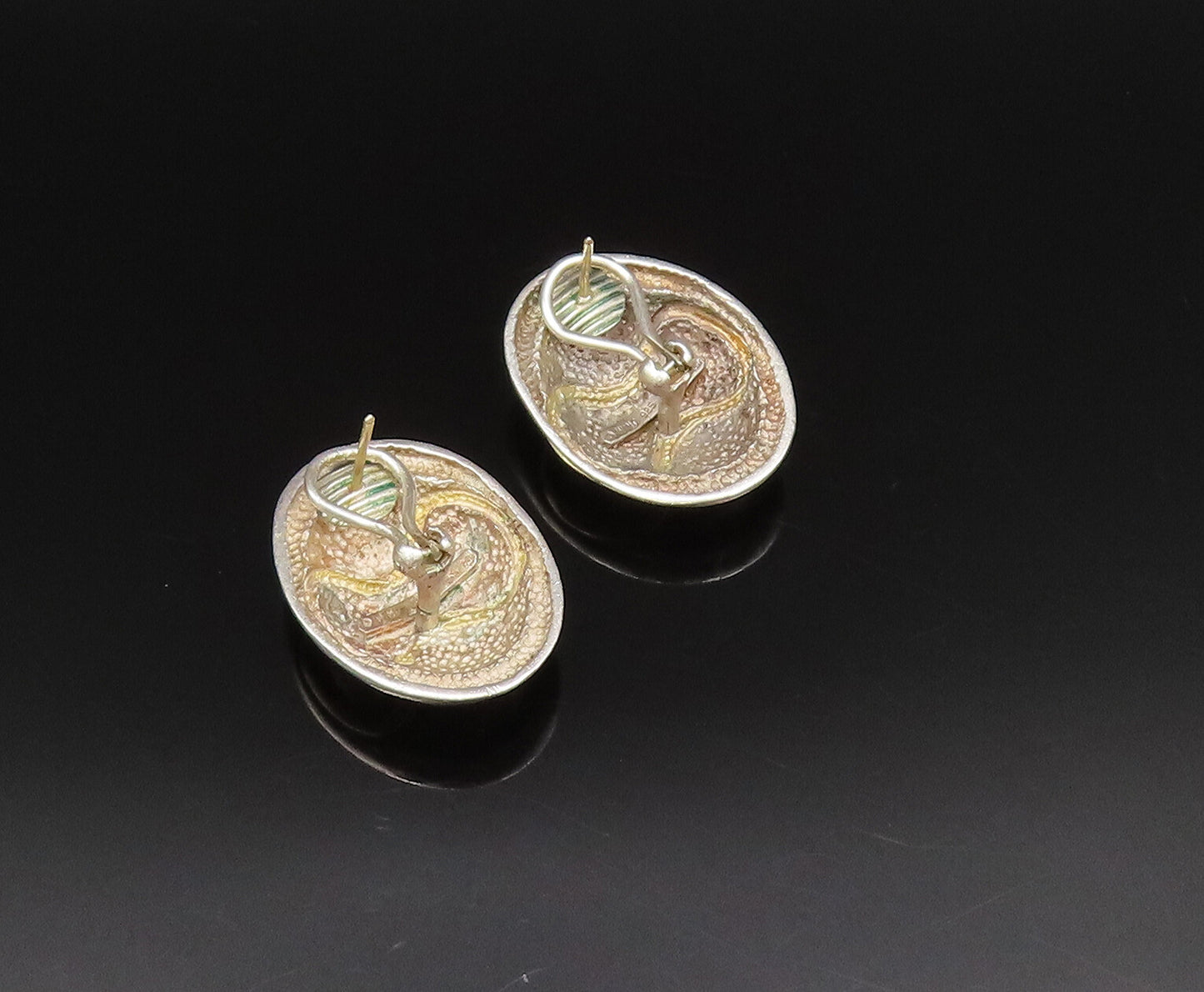 ROBERT WINC 18K GOLD & 925 Silver  Vintage 2 Tone Wave Oval Earrings  EG12020