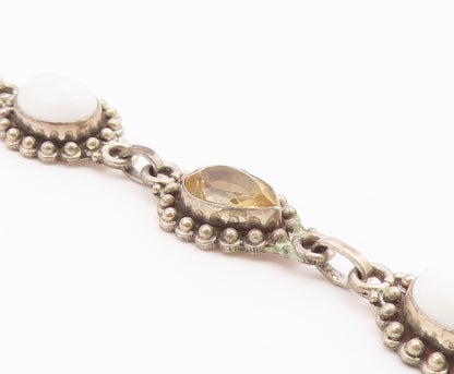 925 Sterling Silver  Vintage Citrine & White Agate Chain Bracelet  BT3606