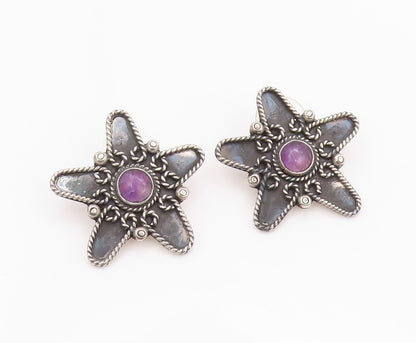 925 Sterling Silver Vintage Earrings MEXICO Cabochon Amethyst Star  EG13478