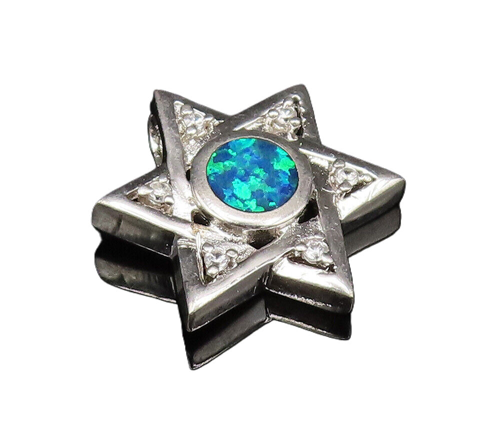 925 Sterling Silver Vintage Inlaid Blue Fire Opal & Topaz Star Pendant PT21553