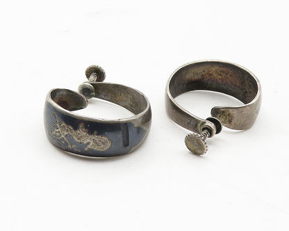 SIAM 925 Silver  Vintage Antique Niello Dancer Non Pierce Hoop Earrings EG6317