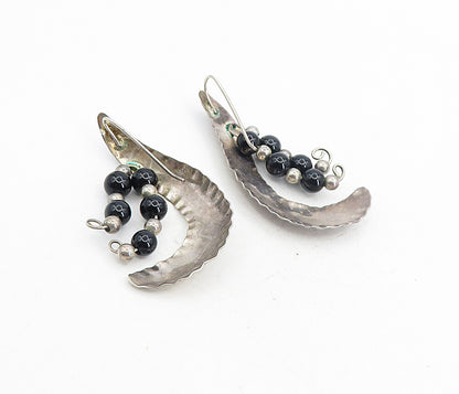 925 Sterling Silver  Vintage Modernist Black Onyx Bead Drop Earrings  EG4445