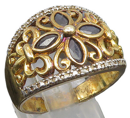 925 Silver  Vintage Two Tone Black Spinel Floral Scroll Ring Sz 10  RG25176