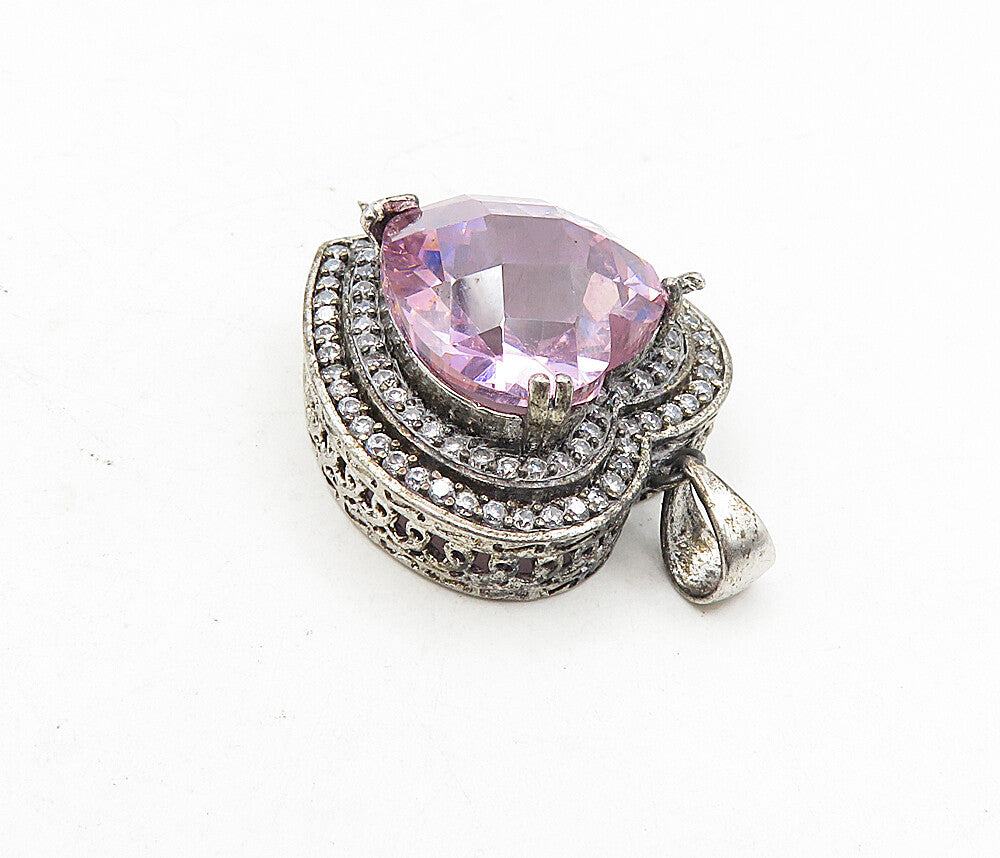 925 Sterling Silver  Vintage Pink & White Cubic Zirconia Heart Pendant  PT6614