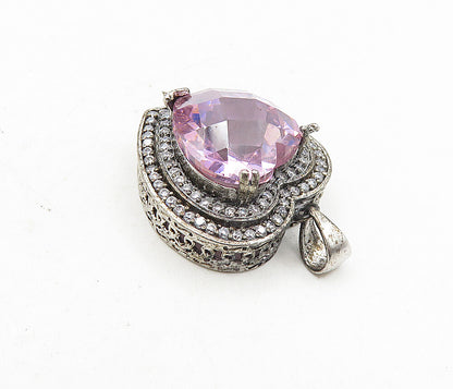 925 Sterling Silver  Vintage Pink & White Cubic Zirconia Heart Pendant  PT6614