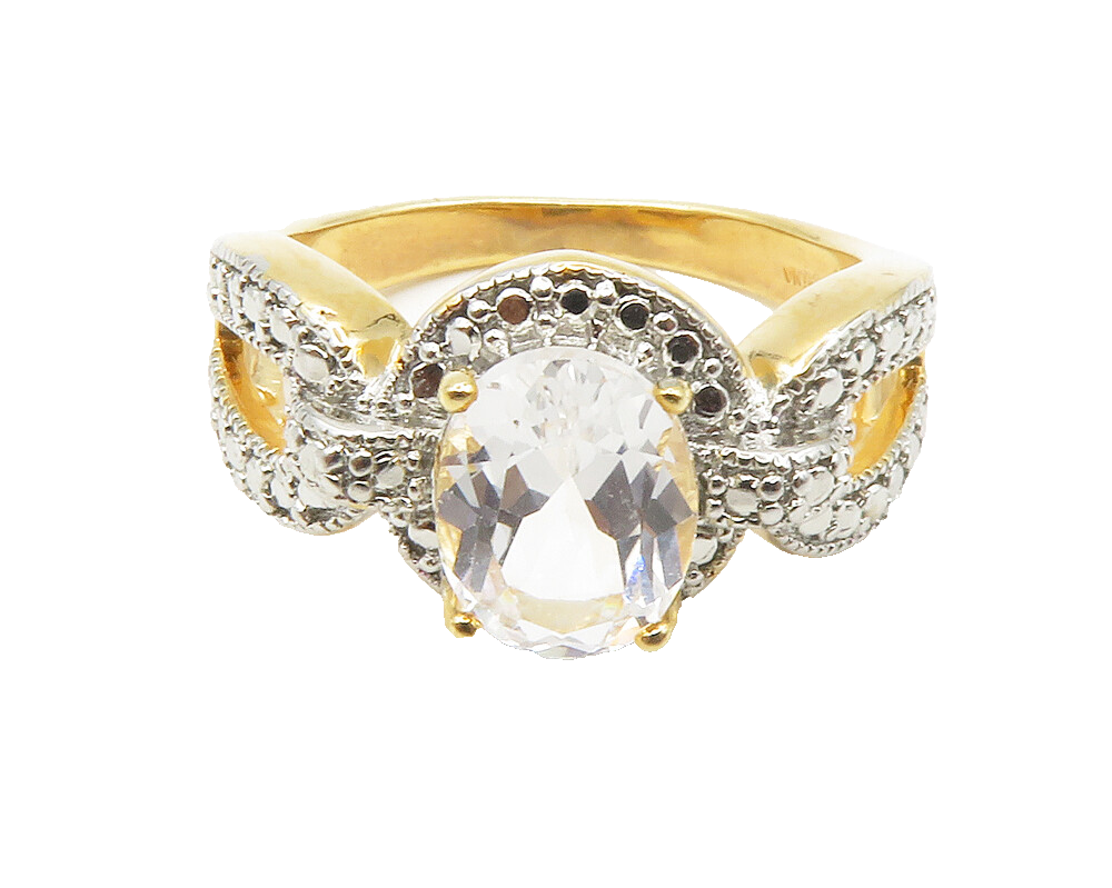925 Sterling Silver  Faceted Topaz Gold Plated Shiny Band Ring Sz 10  RG14051