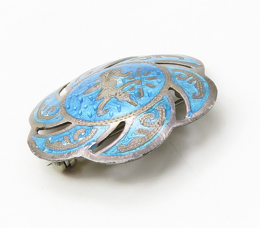 SIAM 925 Sterling Silver  Vintage Blue Enamel Dancer Round Brooch Pin  BP6526