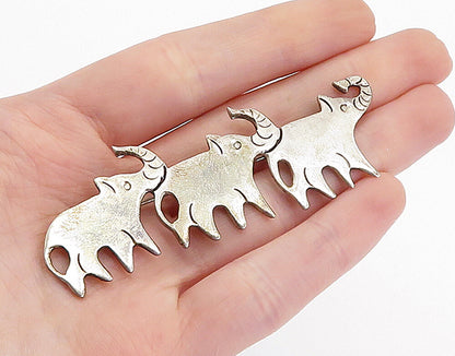 925 Sterling Silver  Vintage Dark Tone Etched Elephants Brooch Pin  BP1422