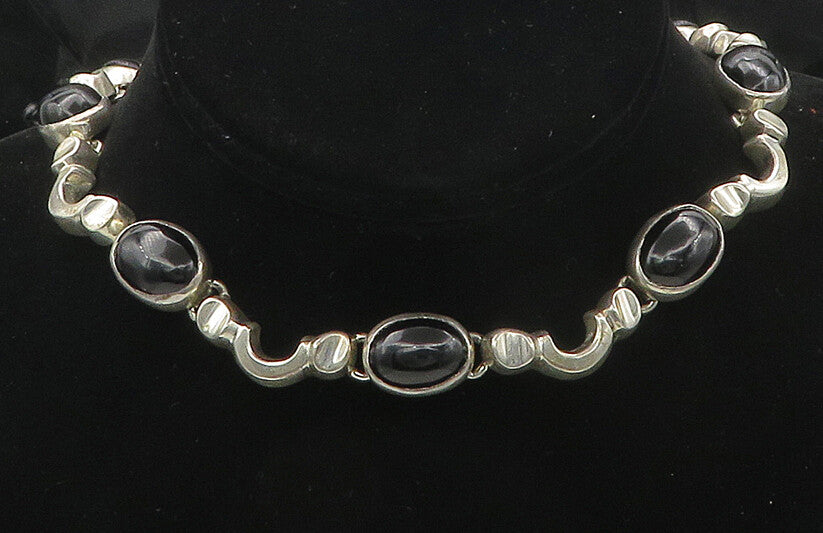 MEXICO 925 Silver  Vintage Heavy Cabochon Black Onyx Chain Necklace  NE2926