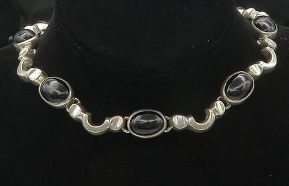 MEXICO 925 Silver  Vintage Heavy Cabochon Black Onyx Chain Necklace  NE2926