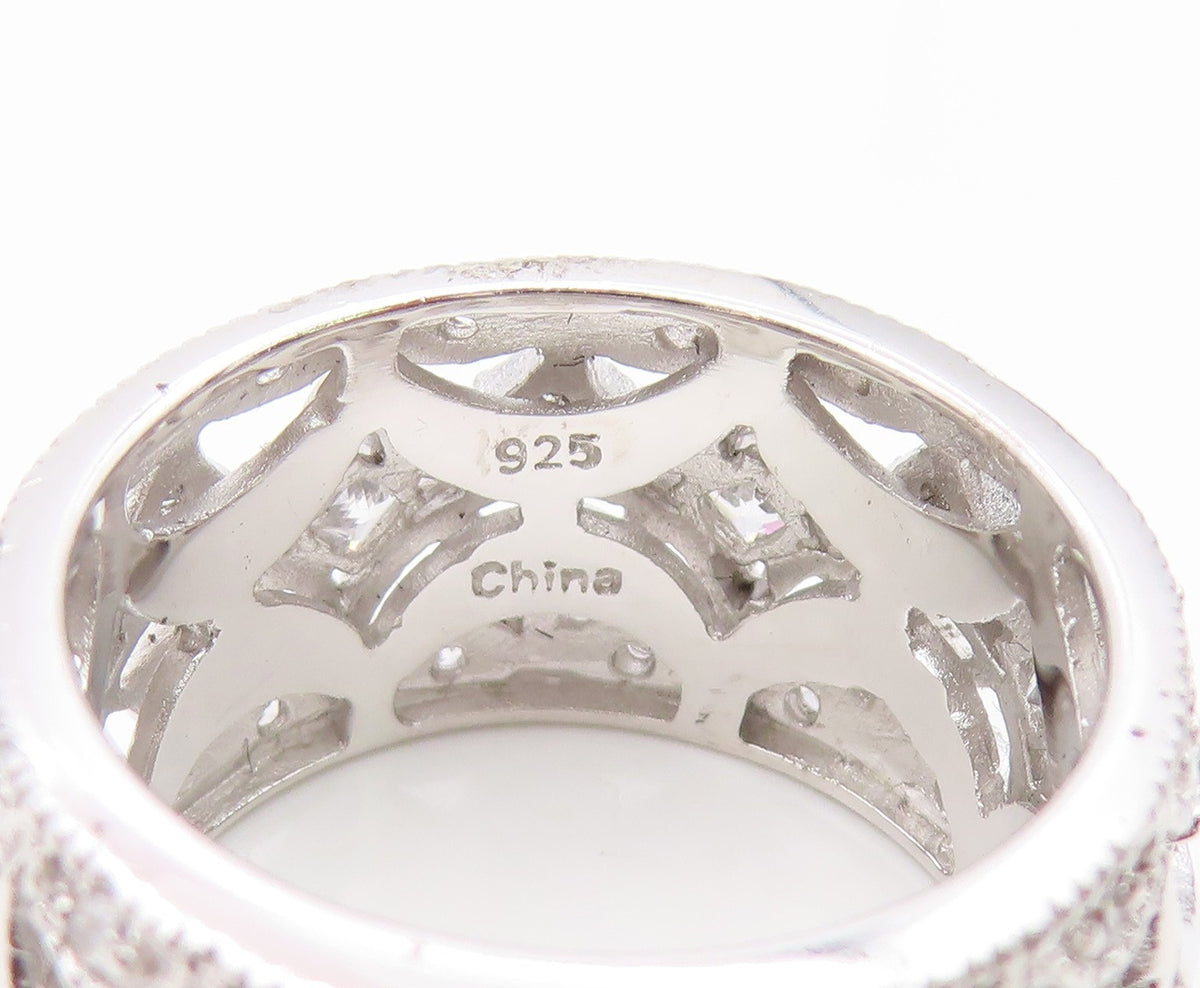 925 Sterling Silver Vintage Ring CZ Intricate Wide Eternity Band  Sz 7  RG35064