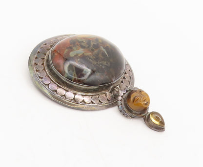 SAJEN 925 Silver  Vintage Jasper Dangling Carved Face Heavy Brooch Pin BP10468