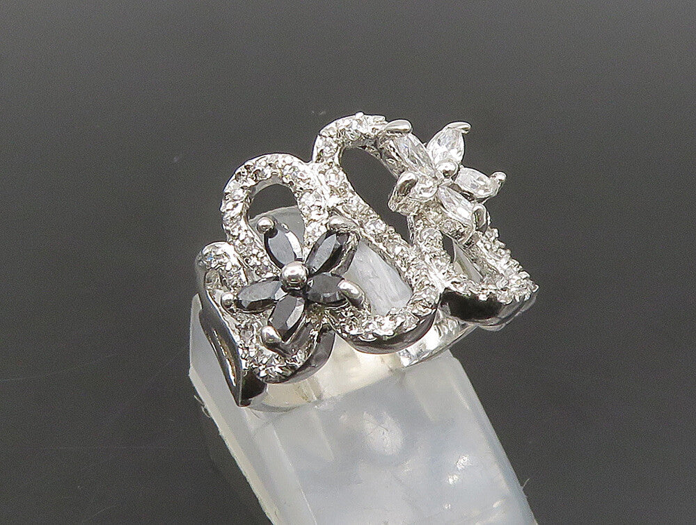 925 Silver  Vintage Cubic Zirconia & Spinel Floral Wavy Ring Sz 6.5  RG24500