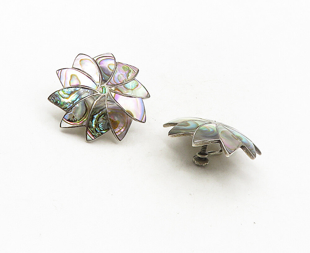 ICM MEXICO 925 Silver  Vintage Abalone Shell Floral Non Pierce Earrings EG4989