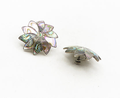 ICM MEXICO 925 Silver  Vintage Abalone Shell Floral Non Pierce Earrings EG4989