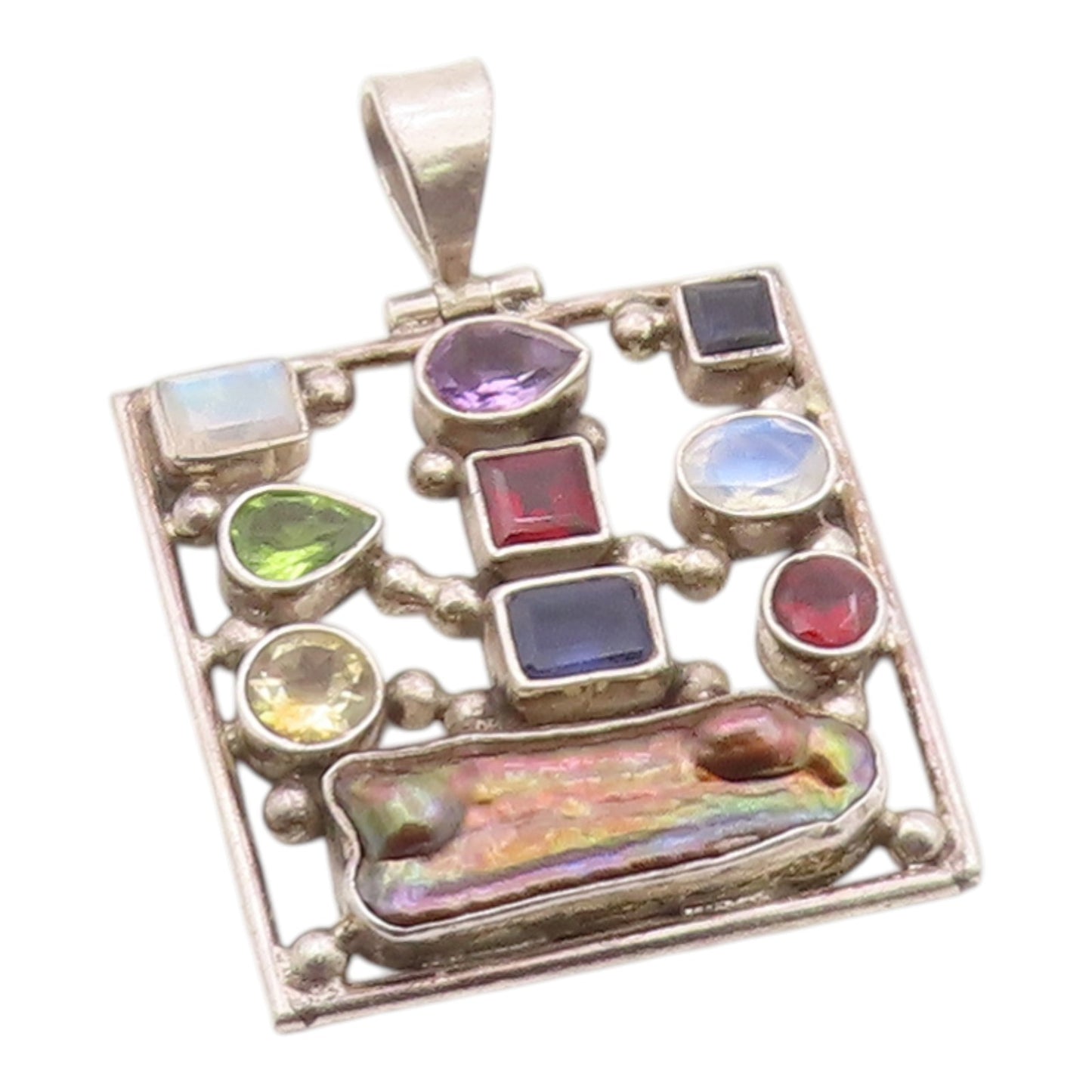 925 Sterling Silver Vintage Pendant Modernist Multi Gemstone Square  PT26358