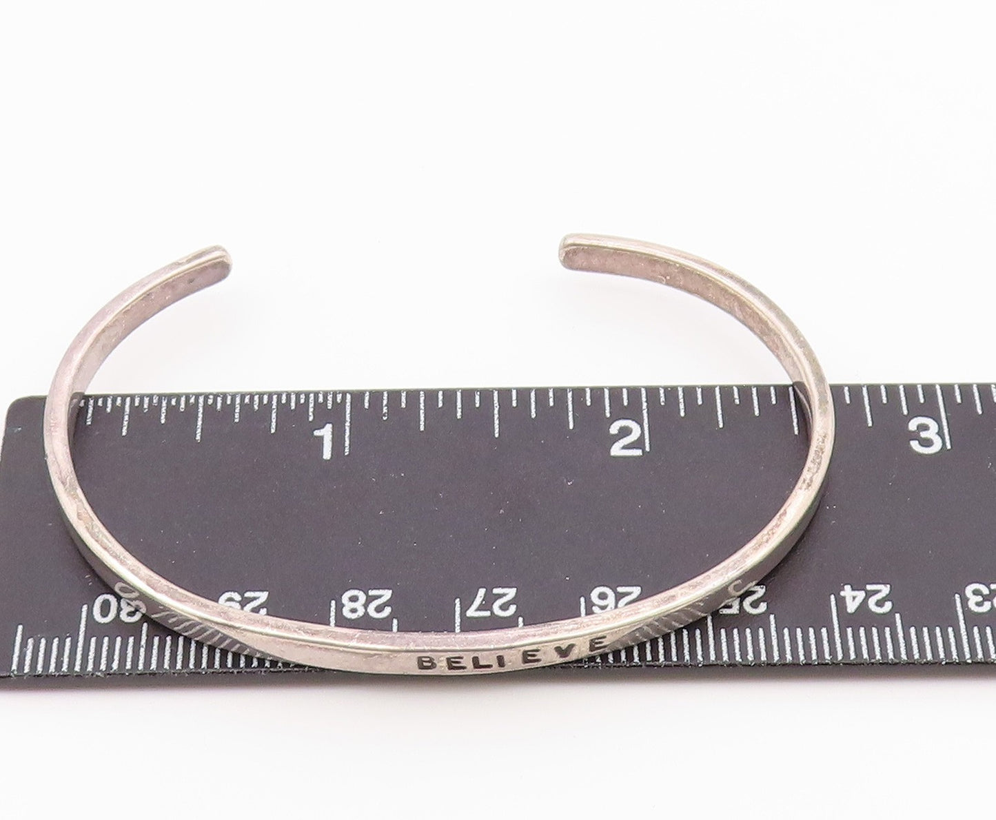 925 Sterling Silver  Vintage Petite Believe Stamped Cuff Bracelet  BT9123
