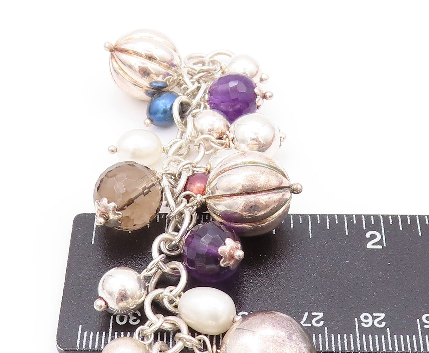 925 Sterling Silver Vintage Bracelet Designer Pearls Amethyst Gemstones  BT11155