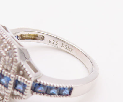 925 Sterling Silver Vintage Ring Designer CZ & Square Sapphire   Sz 7  RG30780