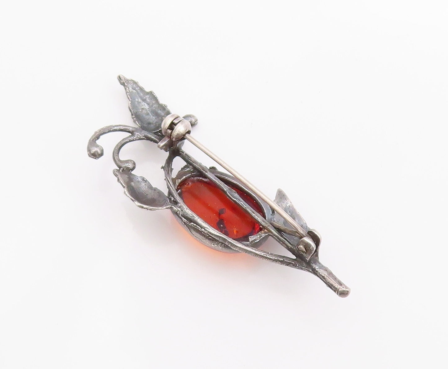 925 Sterling Silver Vintage Brooch Oval Amber Etched leaves With Branch  BP11840