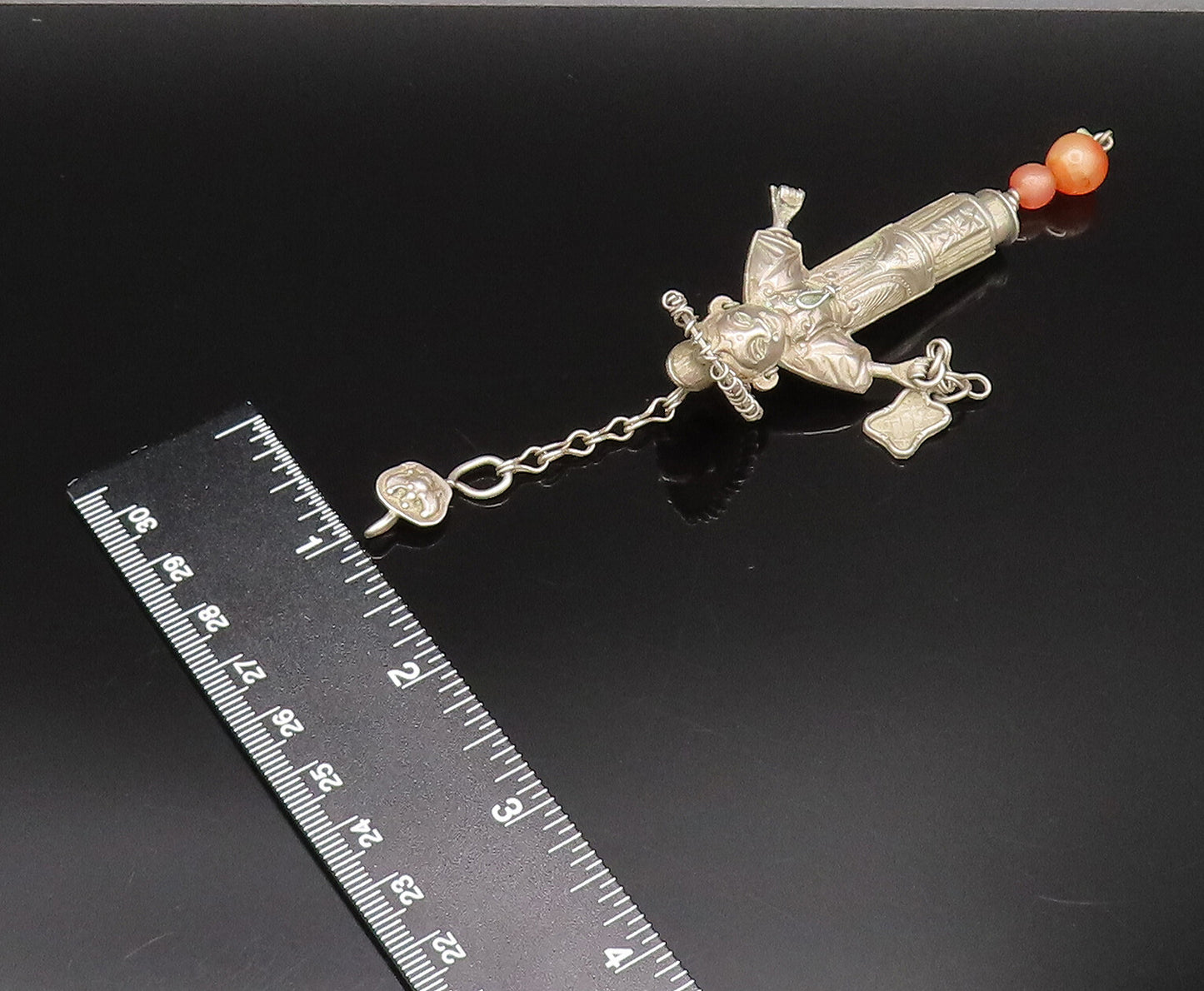 925 Silver  Vintage Sculpted Native Woman & Agate Beads Pendant  PT21615