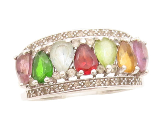925 Sterling Silver Vintage Ring Gemstone Medley Colorful Band  Sz 10  RG33862