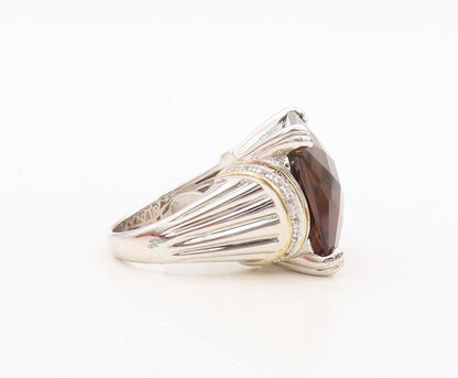 925 Sterling Silver Vintage Ring Diamonds & Square Cut Smoky Quartz Sz 7 RG30501