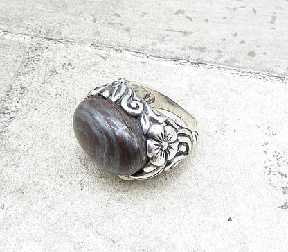 925 Sterling Silver  Cabochon Cut Botswana Agate Solitaire Ring Sz 6.5  RG1592