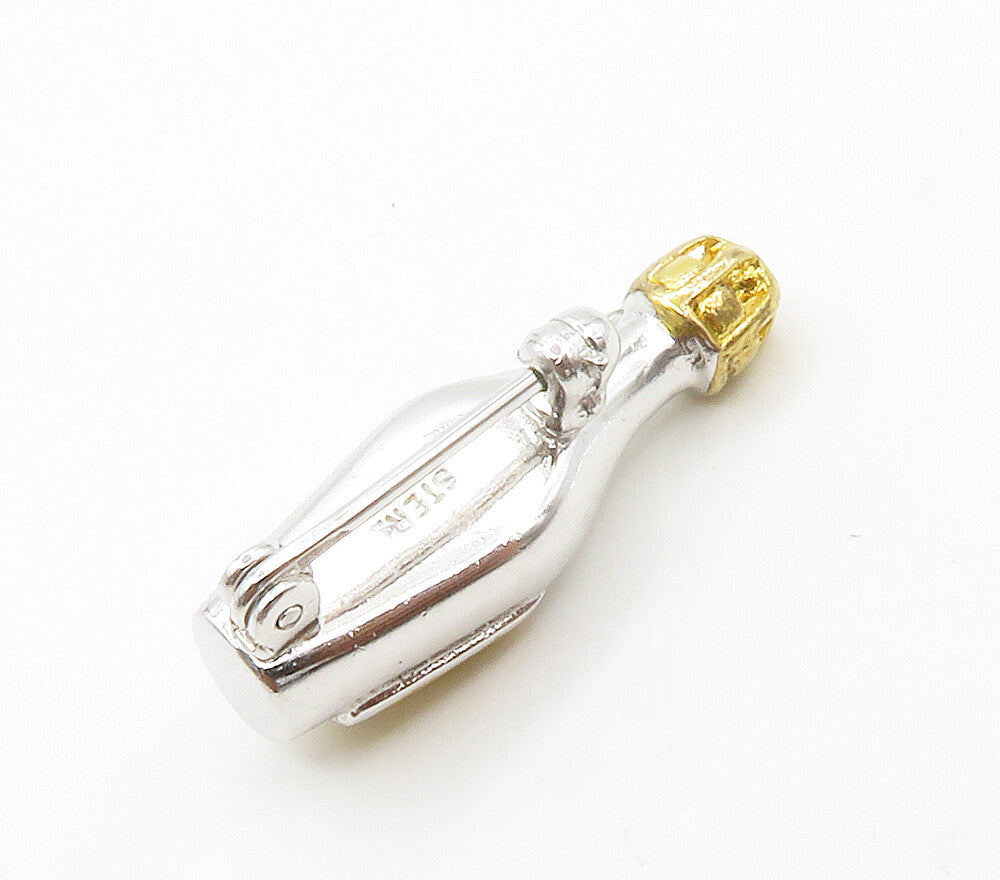 925 Sterling Silver  Vintage Shiny 2 Tone Champagne Bottle Brooch Pin  BP5814