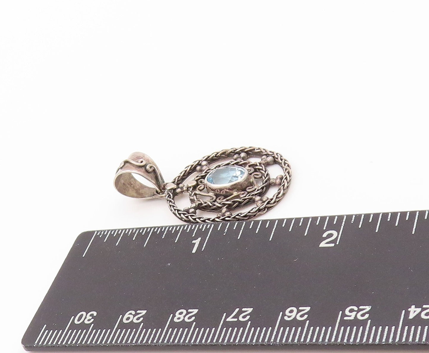 925 Sterling Silver Vintage Pendant Oval Cut Topaz Halo Cutout Design  PT24005