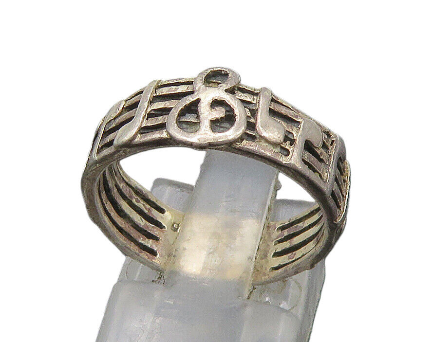 925 Sterling Silver  Vintage Music Notes Motif Band Ring Sz 7  RG22704