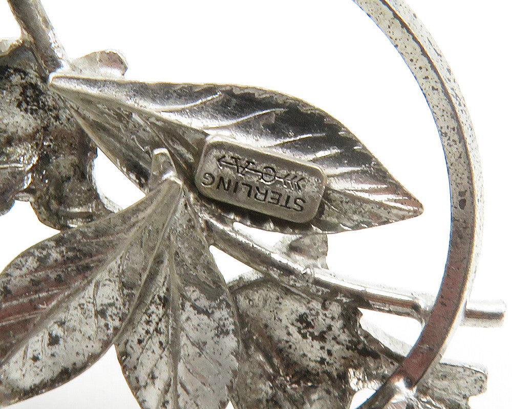 CARL ART 925 Silver  Vintage Perched Love Birds Floral Motif Brooch Pin BP5290