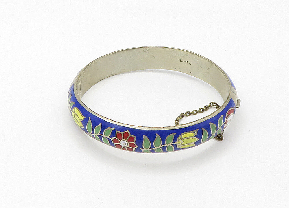 925 Sterling Silver  Vintage Enamel Floral Pattern Bangle Bracelet  BT8540