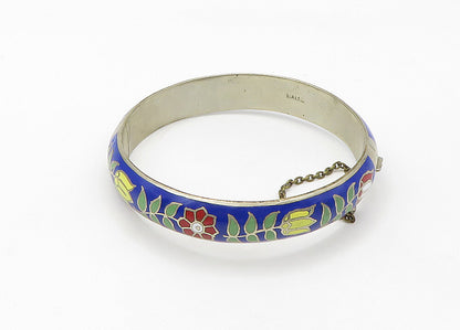 925 Sterling Silver  Vintage Enamel Floral Pattern Bangle Bracelet  BT8540