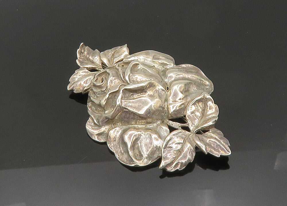 925 Sterling Silver  Vintage Shiny Rose Flower Motif Brooch Pin  BP8294