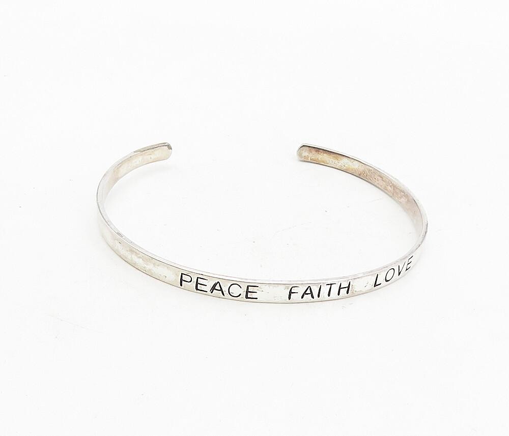 925 Sterling Silver  Vintage Peace Faith Love Stamped Cuff Bracelet  BT3971