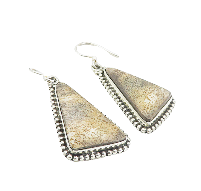 925 Sterling Silver  Vintage Brown Jasper Fluted Shiny Dangle Earrings  EG3779