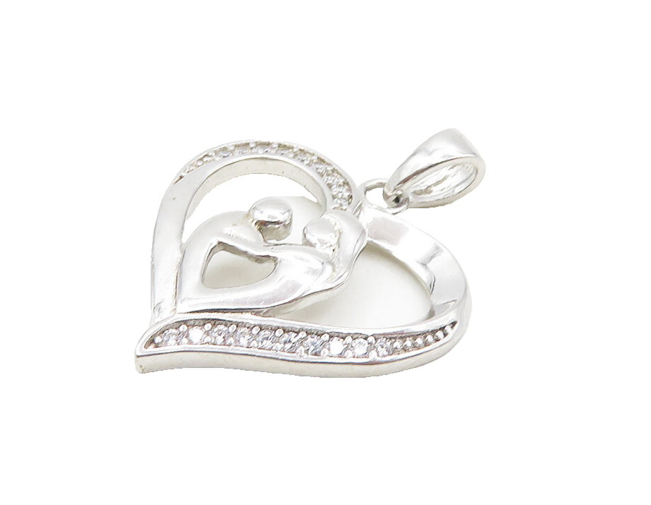 925 Sterling Silver  Cubic Zirconia Mom & Baby Love Heart Pendant  PT15158